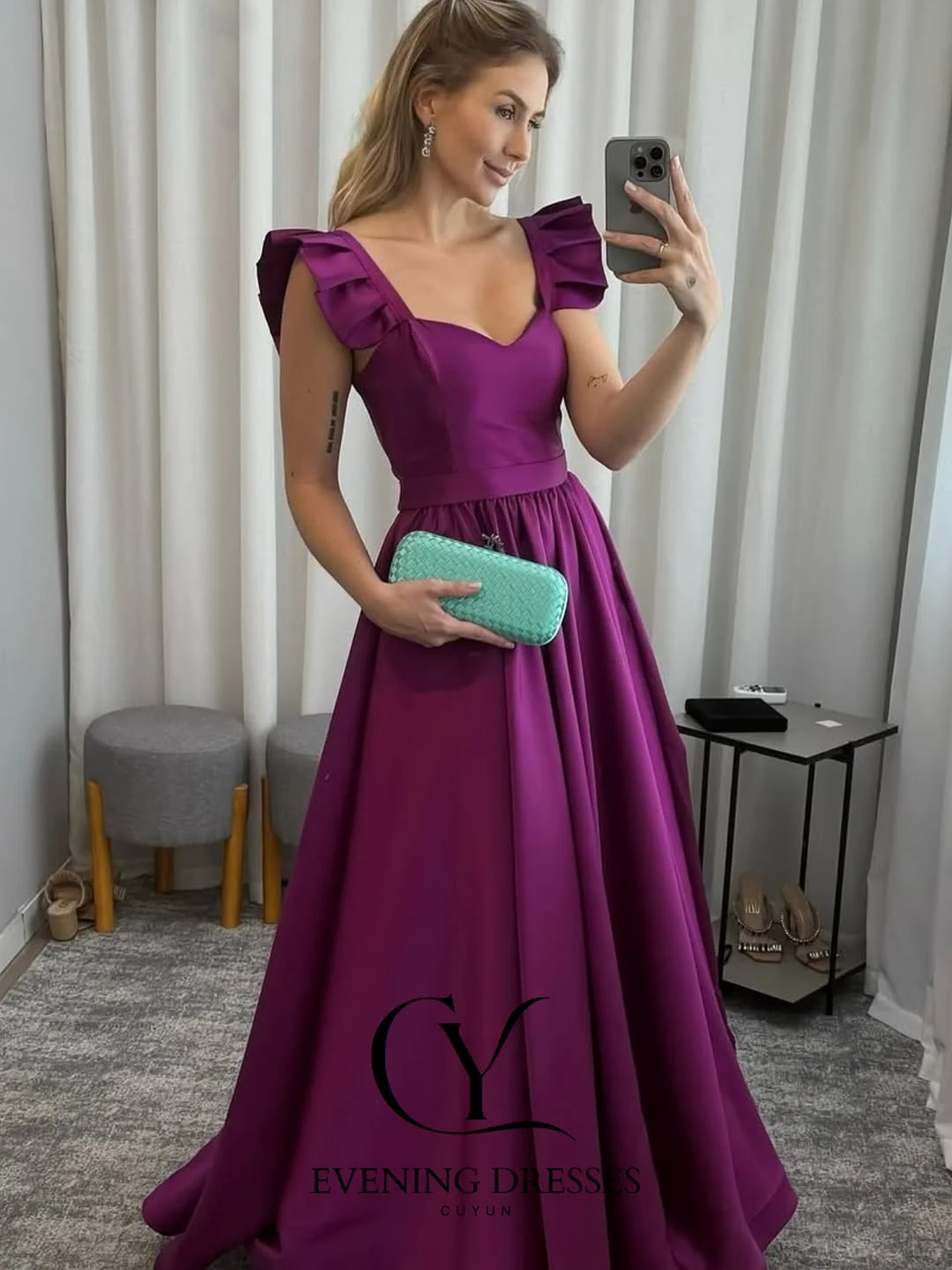 CUYUN темно-фиолетовое вечернее платье с рюшами и рукавами, атласное женское элегантное вечернее платье трапециевидной формы, платья для выпускного вечера по индивидуальному заказу для женщин