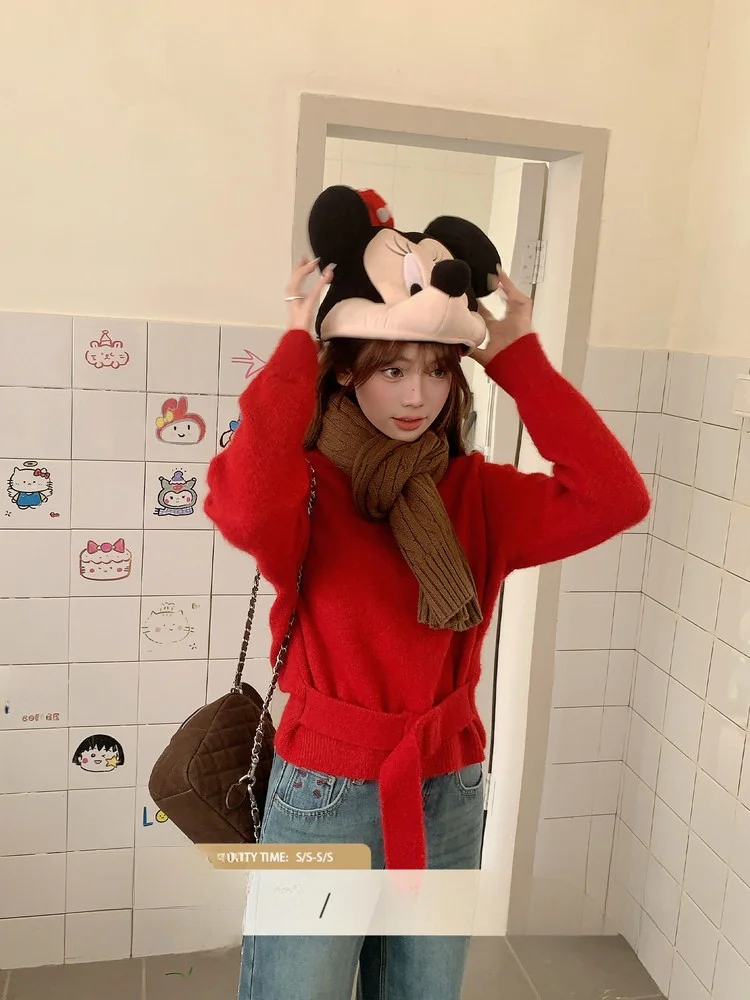 

Красный свитер с несъемным поясом для Нового года, зимний дизайн, повседневный свободный крой, длинный рукав, женская вязаная одежда