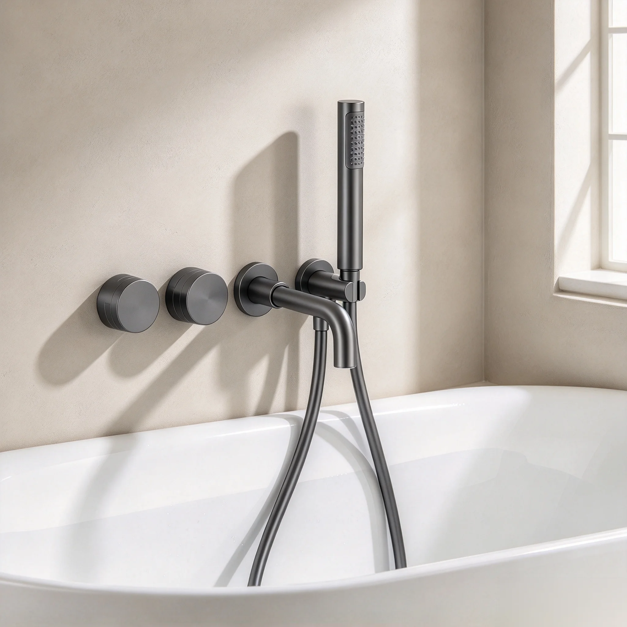 Bathroom Shower Faucet Set With Handshower Diverter Valve Holder Brass Wall Mount Bathtub Grey Mixer Bath Dual Handle Mixing