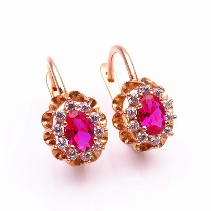 585 purple gold ruby flower earrings for women14K rose gold inlaid crystal elegant wedding high jewelry accessories gift