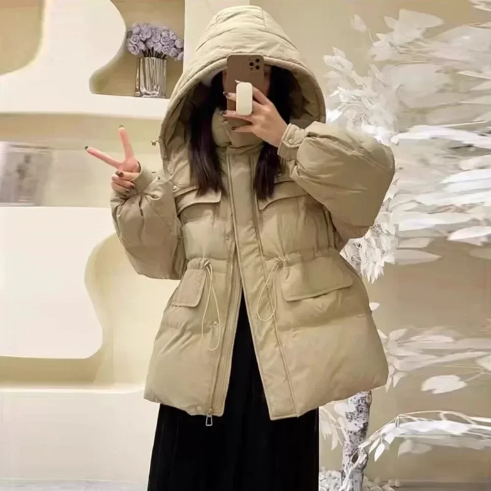2024 New Winter Coat Female Women Jacket Hooded Stand Collar Parkas Coat Drawstring White Duck Down Jacket Outerwears Fashion