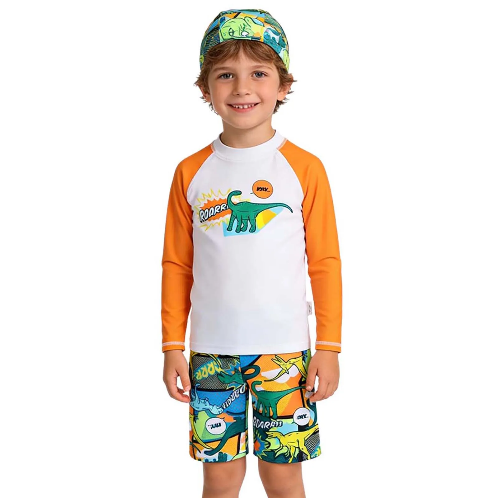 

Комплект купальников с принтом динозавров для мальчиков: топ с длинными рукавами, шорты на завязках и шляпа, быстросохнущий купальный костюм для плавания и пляжа