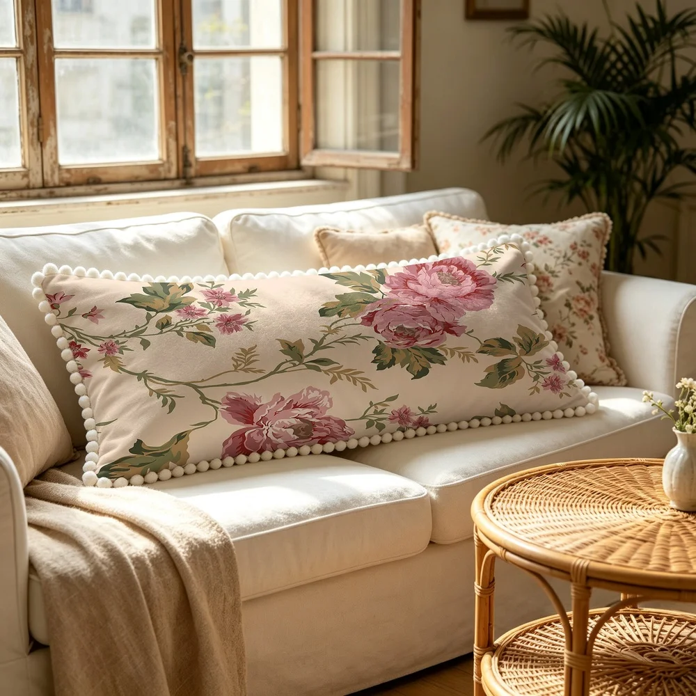 1PC Nude Pink Background with Large Pink Peonies and Olive Green Leaves, French Romantic Floral Long Pillow Cover with Pom Pom