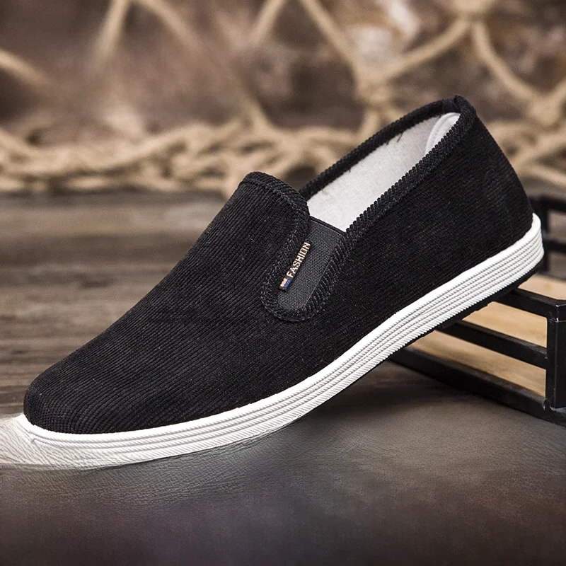Old Beijing Men's Cloth Shoes Breathable Corduroy Slip-On Casual Work Shoes Spring Summer for Middle-Aged And Elderly