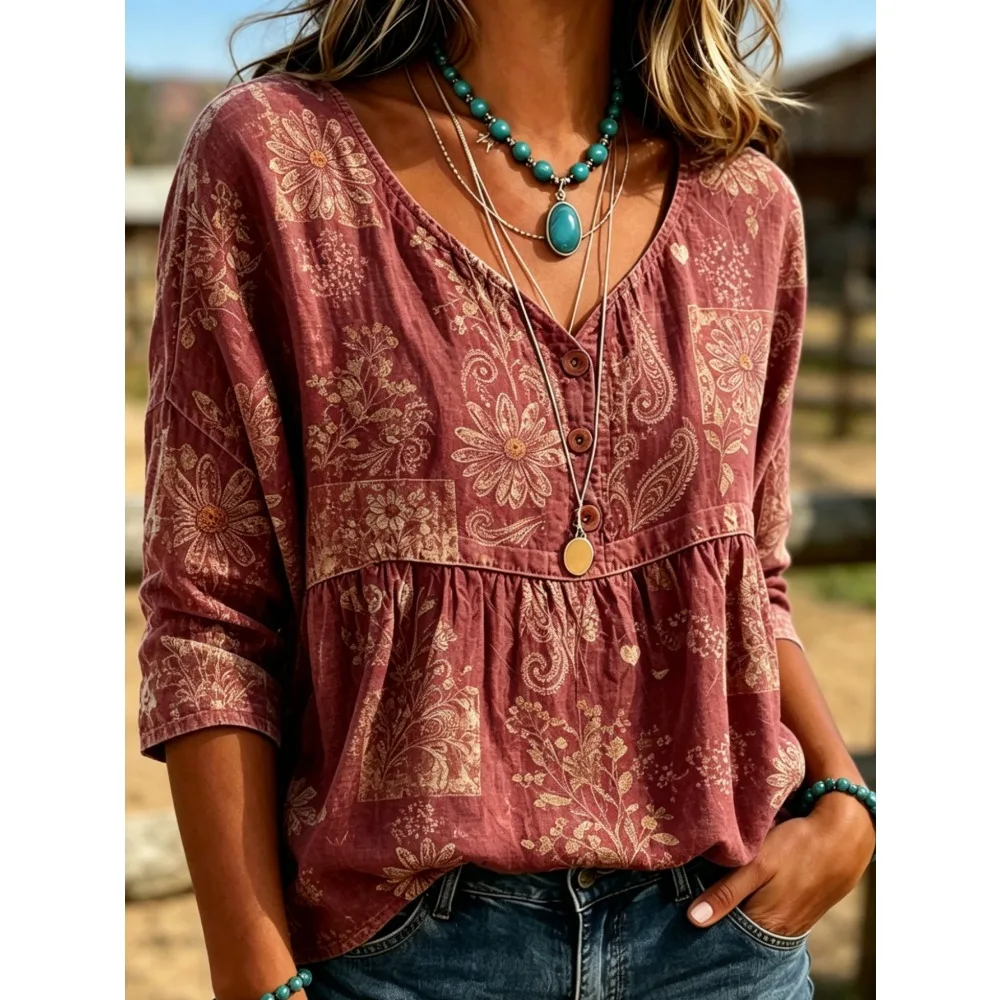 Women Patchwork Floral V-Neck Ruffle Long Sleeve Blouse Cottagecore Vacation Shirt Casual Flowy Soft Breathable Flattering New