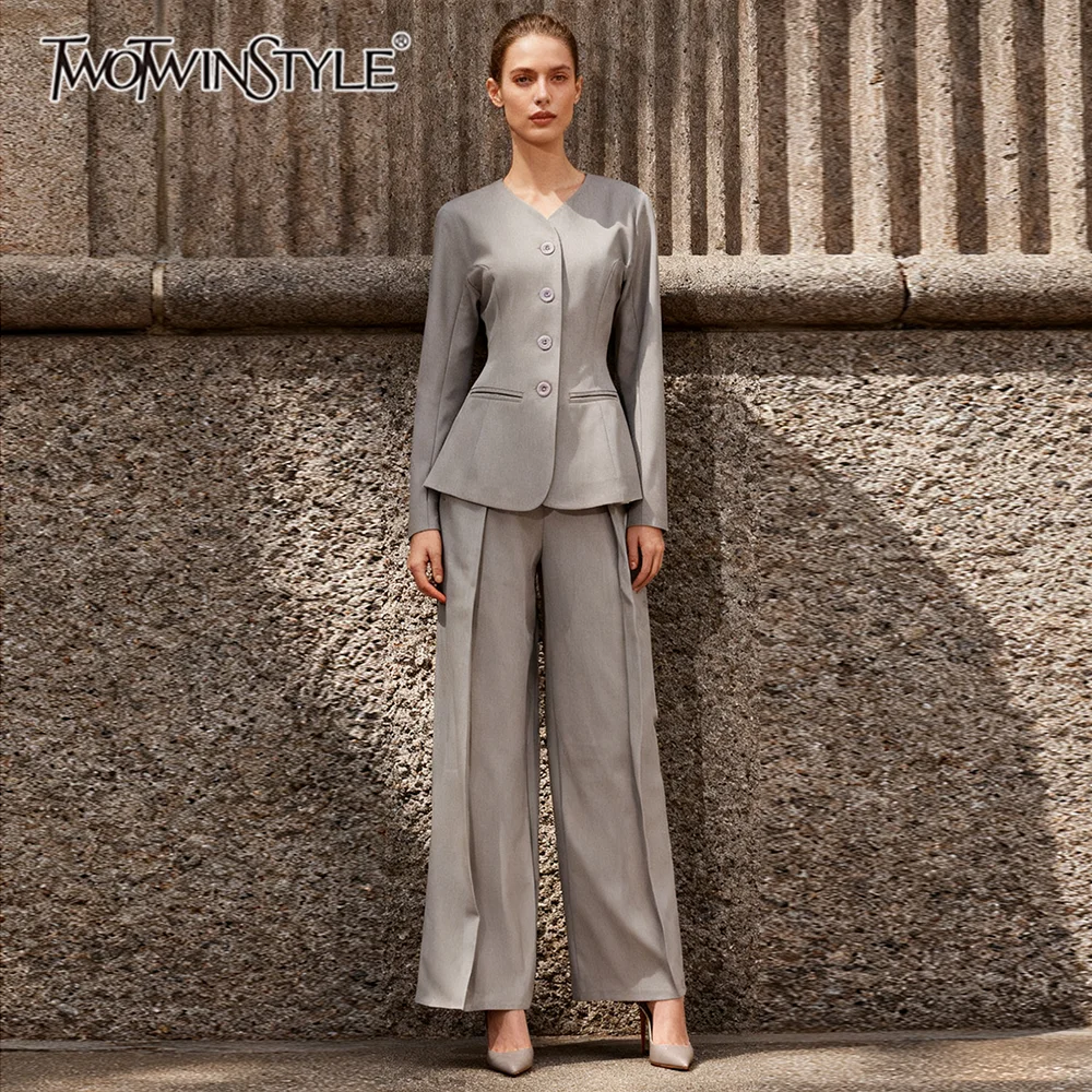 

TWOTWINSTYLE однотонные модные комплекты из двух предметов для женщин, туника с v-образным вырезом и длинными рукавами, блейзер, широкие брюки, темпераментный комплект, женский новый