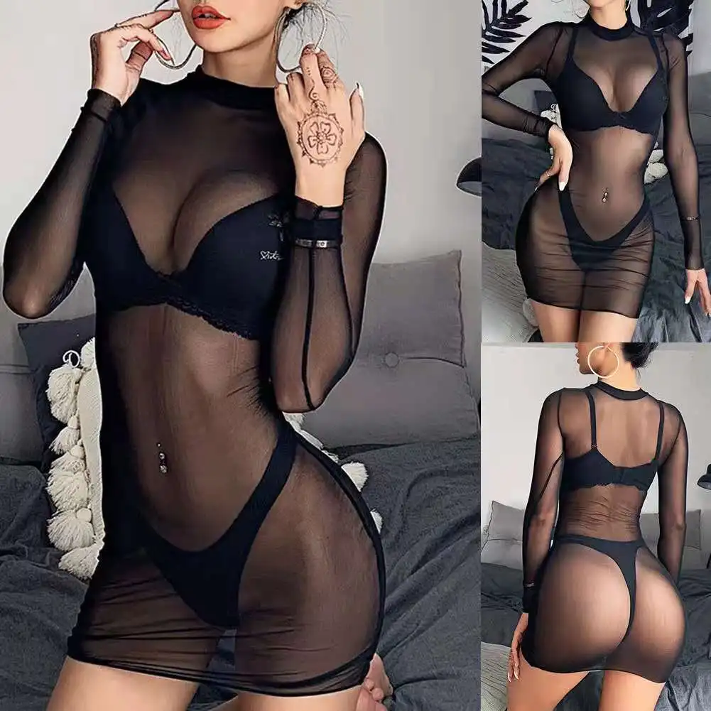 Lencería Sexy entallada para mujer adulta, disfraces de malla transparente, mangas largas, tentación caliente, body sexy