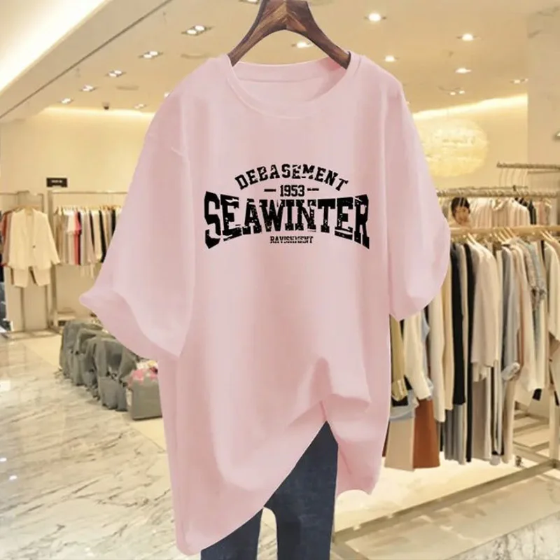 Women Clothing Cotton O-neck Short Sleeve Basic T-shirt Summer Fashion Casual Letter Printing Top Tee Chic Oversized Pullover