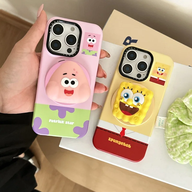 

Cute Cartoon S-SpongeBob P-Patrick Star Magsafe Wireless Charge Phone Case for iPhone 13 14 15 16 17 Pro Max 3D Magnetic Holder