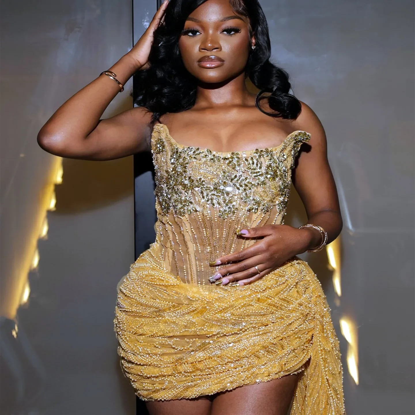 ゴールドホームカミングドレスウエディングイブニングシースビーズクリスタルスパンコールショートミニパーティー卒業カクテルドレスカスタマイズ