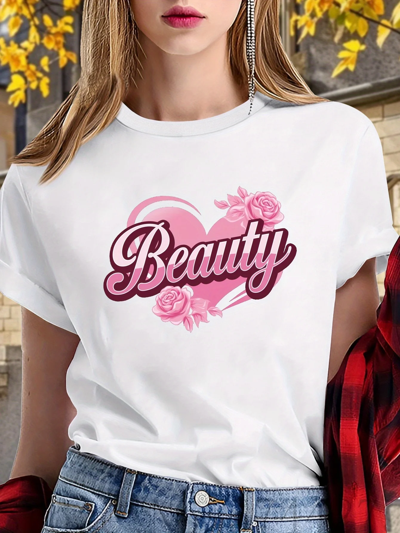 تي شيرت نسائي كاجوال بأكمام قصيرة مع شعار تجميل بتصميم وردي وردي هاراجوكو ملابس جمالية غير رسمية بأكمام قصيرة #2