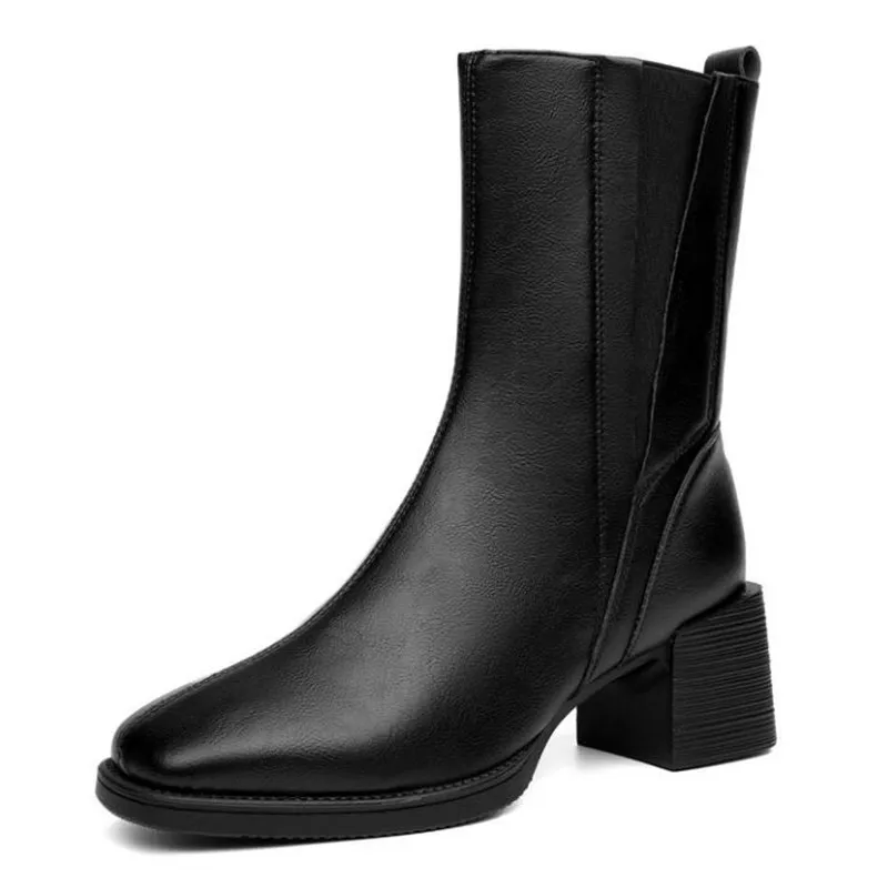 

Осенне-зимние женские ботинки из натуральной искусственной кожи, женская обувь с квадратным носком на массивном каблуке, ботинки до середины икры на молнии, лаконичные современные ботинки