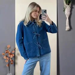 Veste en jean avec nœud pour femme, col polo, pull à manches longues, cravates en jean, poche de style anglais, combinaison d'extérieur fine