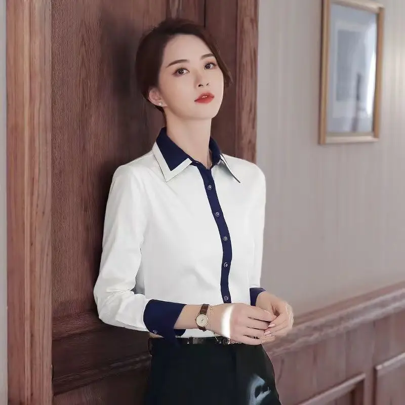 Temperament Blue and White Contrast Shirt Tops Spring Long Sleeve Polo Neck Slim All-match Blouse Fashion Elegant Women Clothes