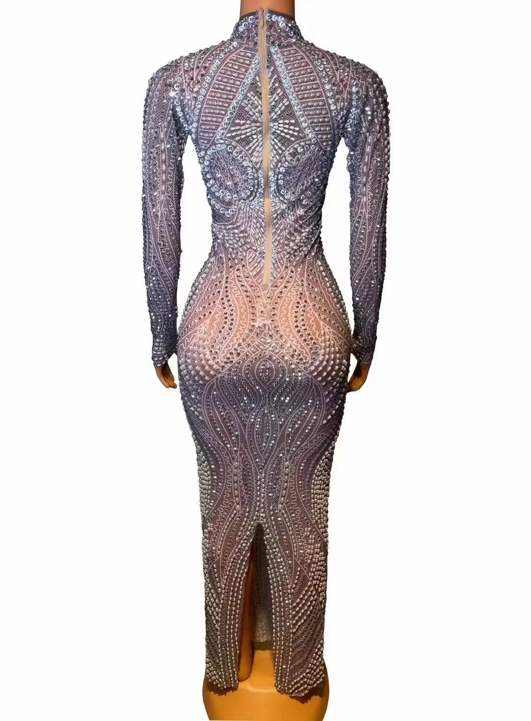 Customized Long Sleeved Streaking Rhinestone lace High Elastic Sequins Sexy Tight Dress Birthday Party  Dress Performance Dress