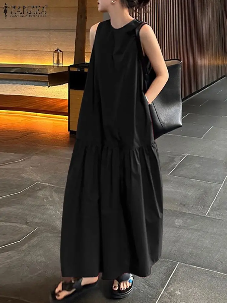 ZANZEA Fashion Summer Sleeveless Solid Long Dress Women Elegant Party Holiday Sundress Sarafans Casual Loose Maxi Vestido Robe