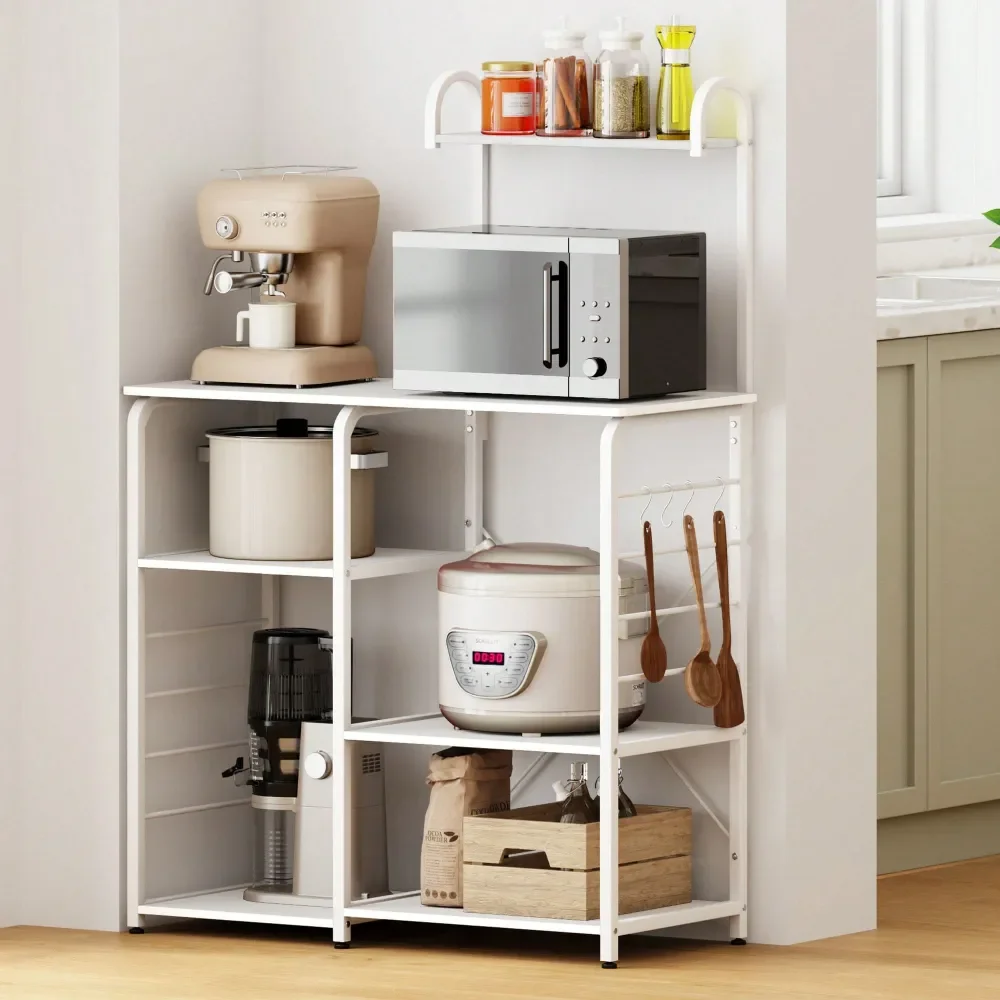 

4Tier Kitchen Bakers Rack Utility Microwave Stand With 5 Hooks, Metal Storage Shelves, White