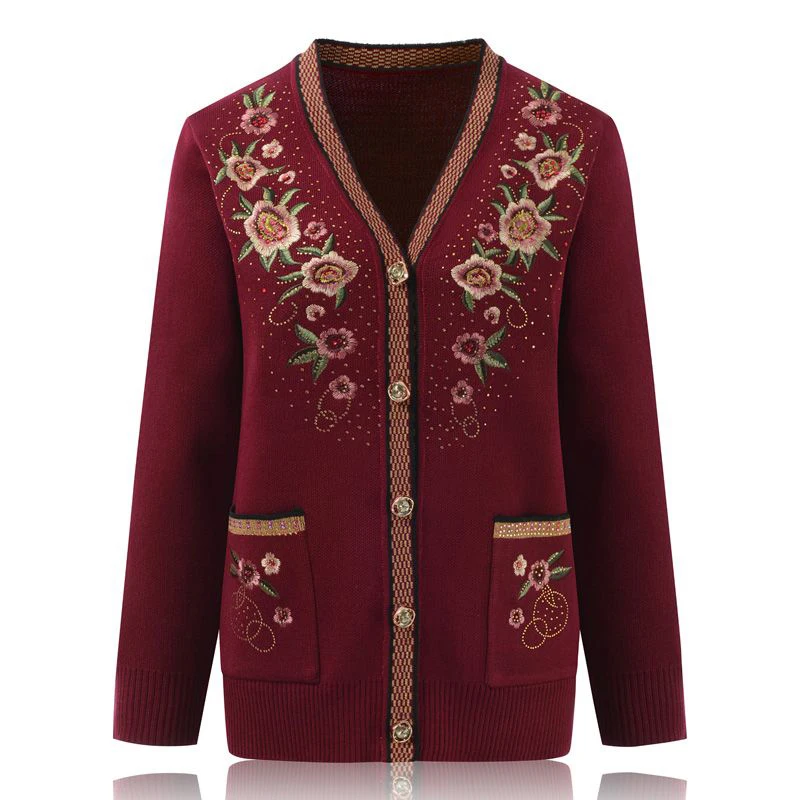 New Middle-aged Women Sweater Cardigan Coat Autumn Winter Embroidery Knitt Sweaters Jacket Female Casual Sweaters Outerwear 4XL