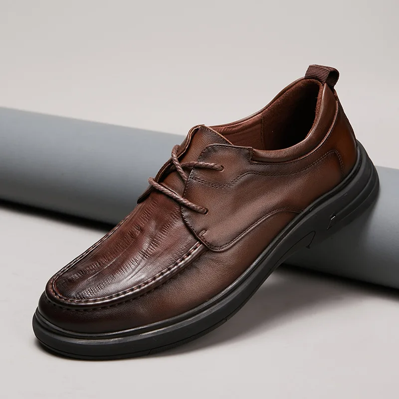 Retro-Herrenschuhe aus echtem Leder, lässige Rindslederschuhe, schwarze Slipper, braun