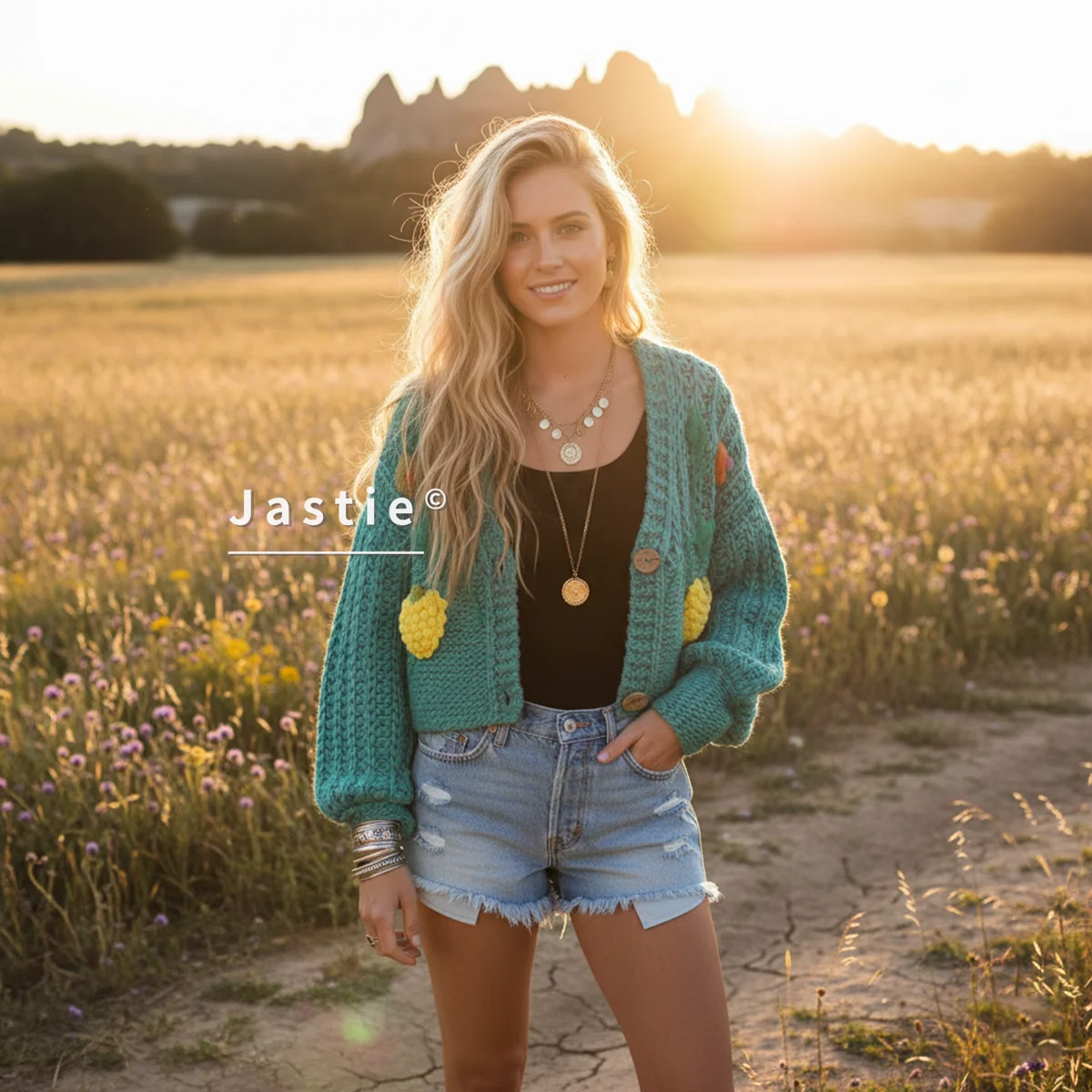 Green Hand-knitted Cardigan Sweater Bohemian Style New Autumn/winter 2026 Vacation V-Neck Long Sleeve Short Sweater Jackets