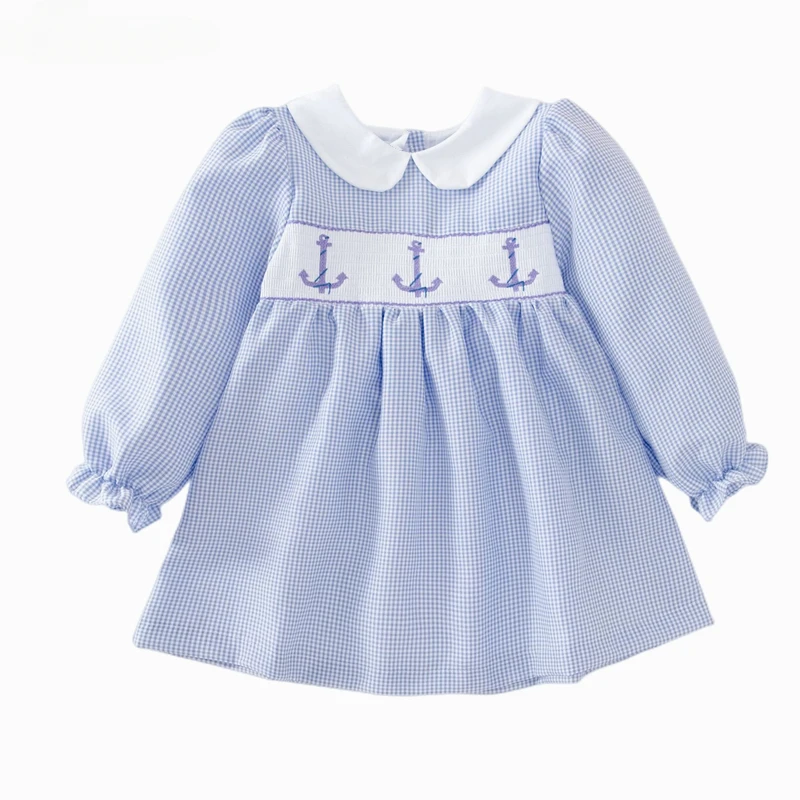 

2024 Children Spanish Boutique Gingham Dress Matching Baby Girls Smocking Cotton Long Sleeve Plaid Smocked Emboridery Frocks
