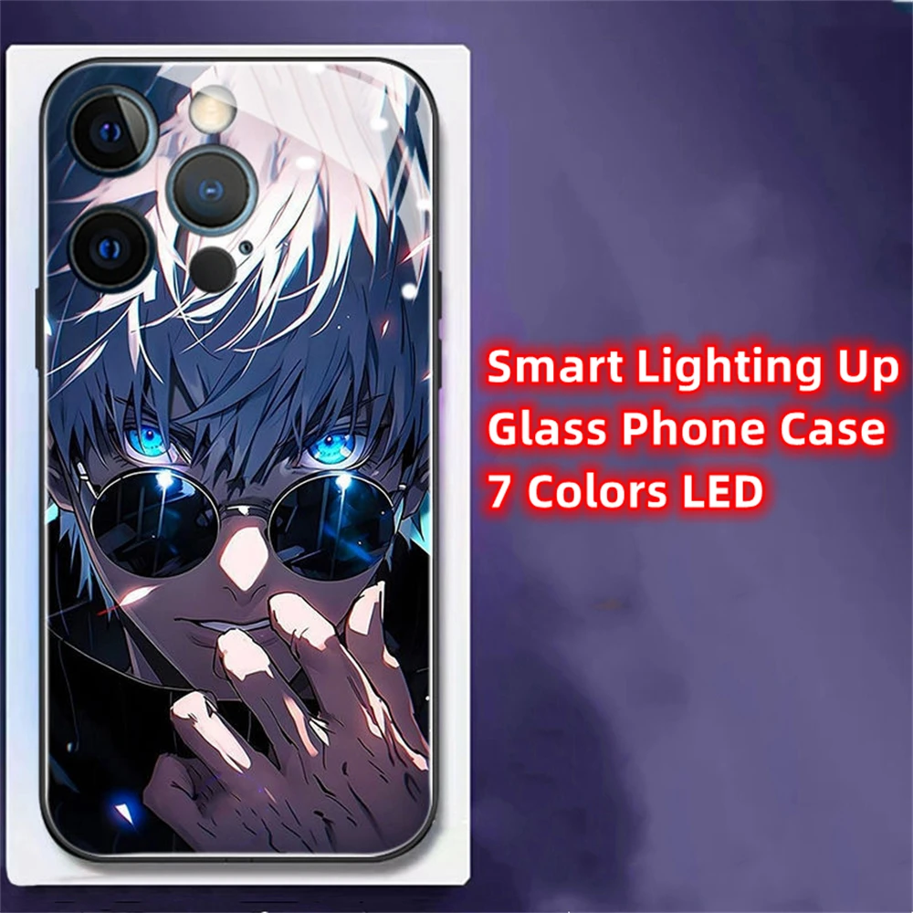 

Cool Anime Cartoon Design LED Light Glow Luminous Tempered Glass Phone Case For Samsung A73 A72 A54 A53 A52 A12 A14 Ultra Plus