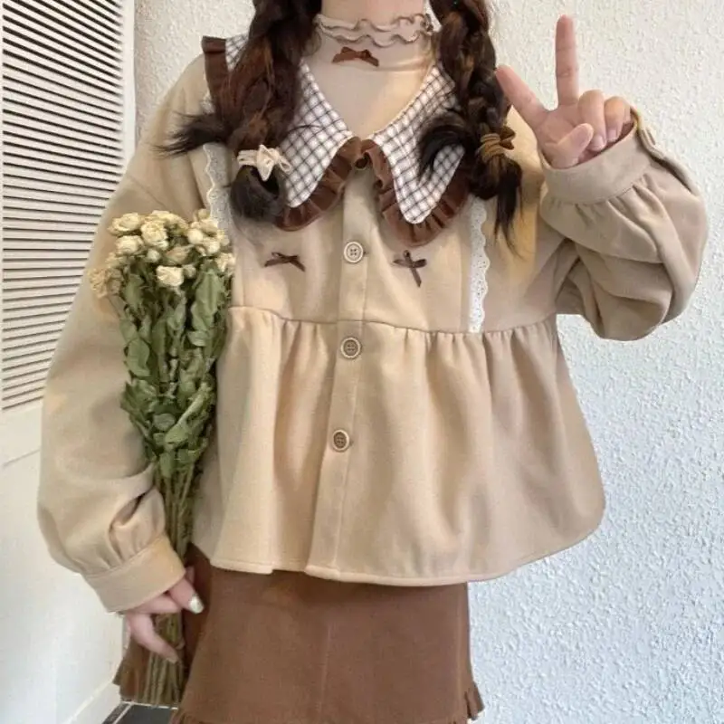 Japan Sweet Dress Sets Women Peter Pan Collar Lace Spliced Long Sleeved Shirts Basics Solid Skirt Two Piece Set Woman