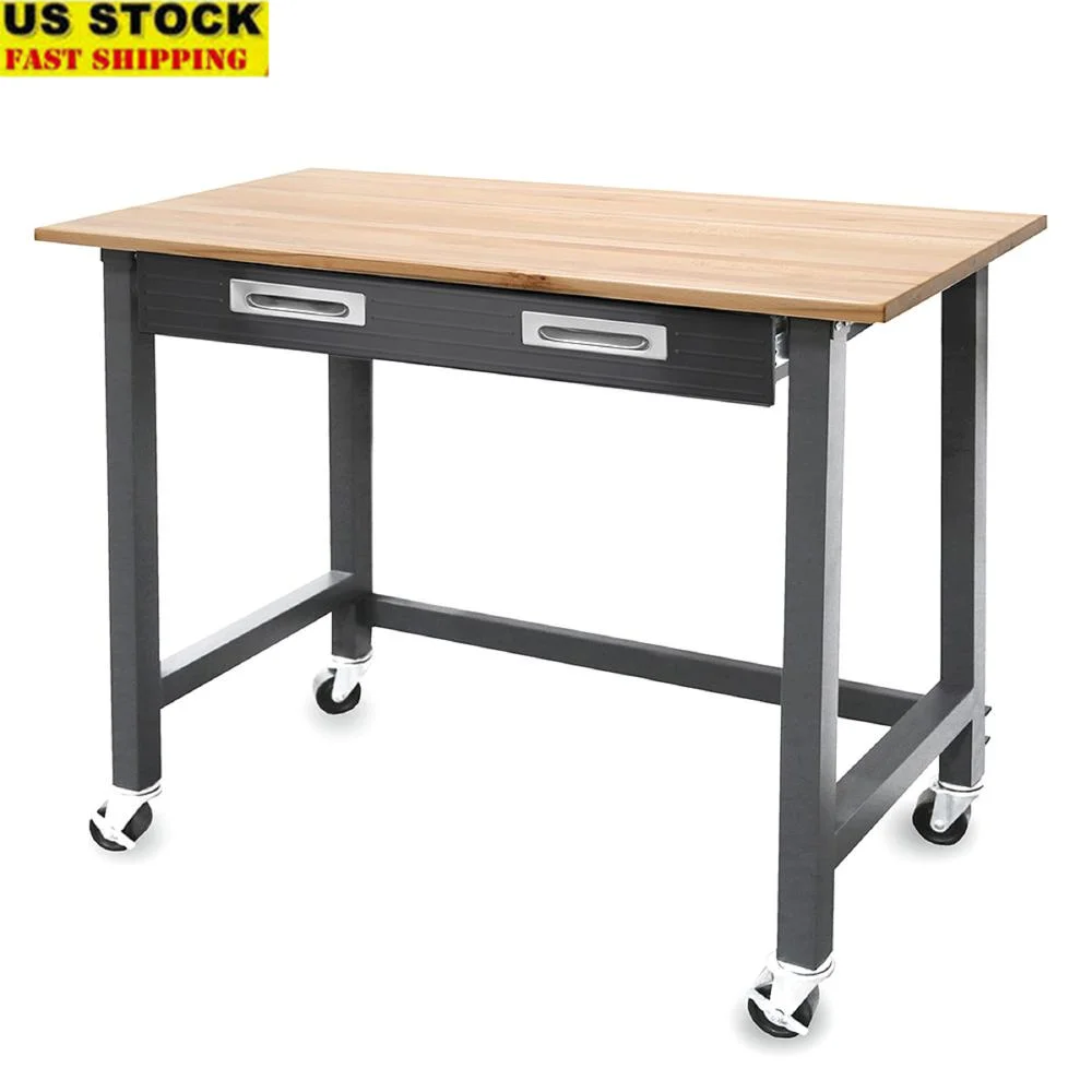 Stół warsztatowy z drewna ultragrafitowego na kółkach z wysuwanym organizerem i szufladą 48