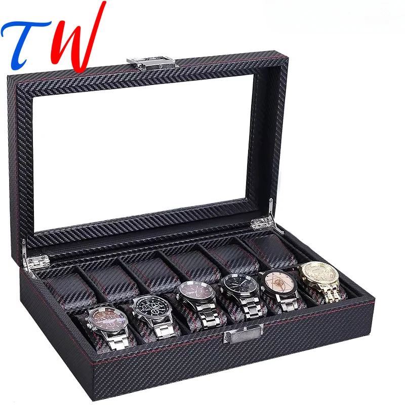 

Personalized custom logo Luxury PU Leather Carbon Fiber Texture Watch case Multifunctional Sunroof Collection Display Box OEM