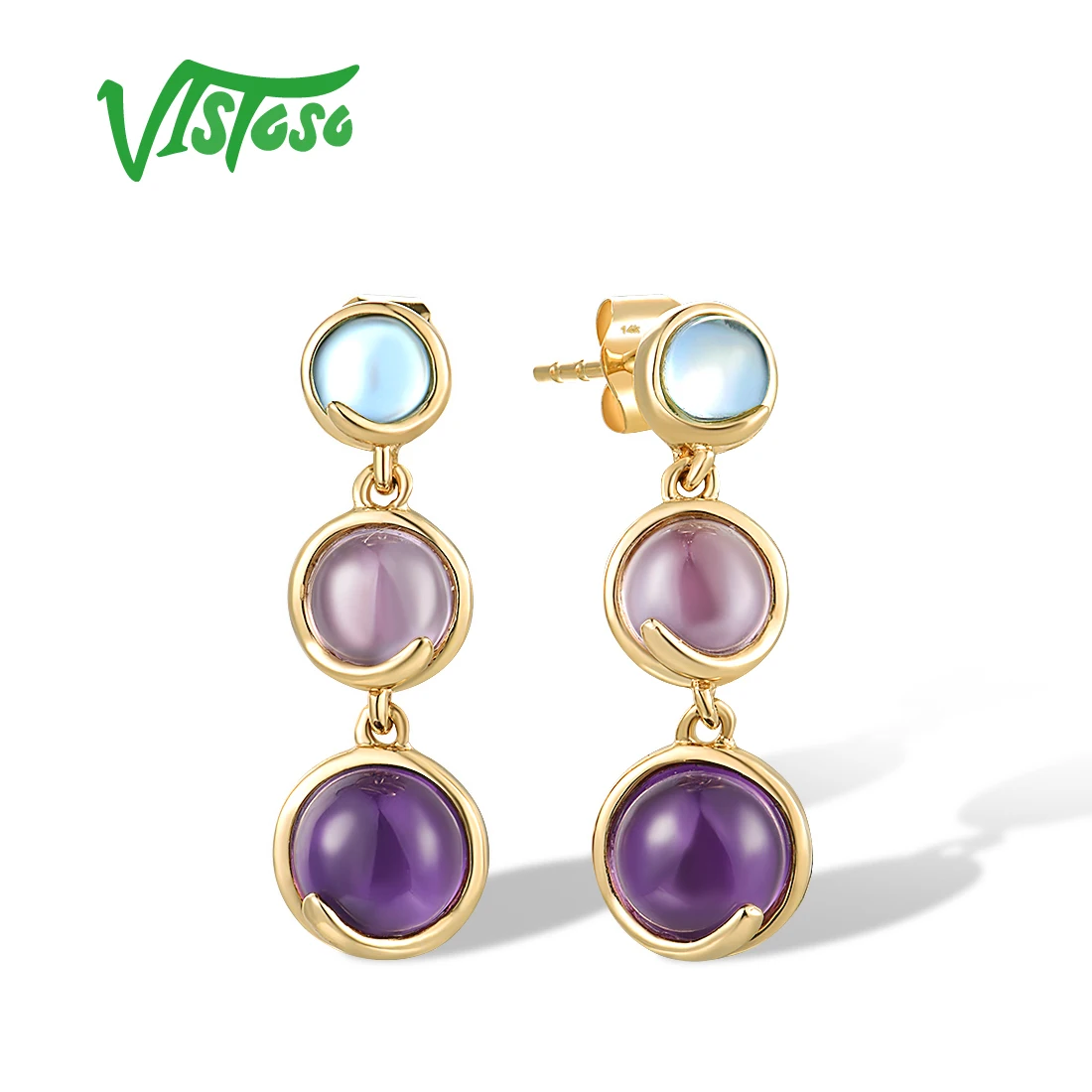 

VISTOSO Authentic 14K 585 Yellow Gold Stud Earrings For Women Genuine Amethyst Blue Topaz Stunning Earrings Elegant Fine Jewelry