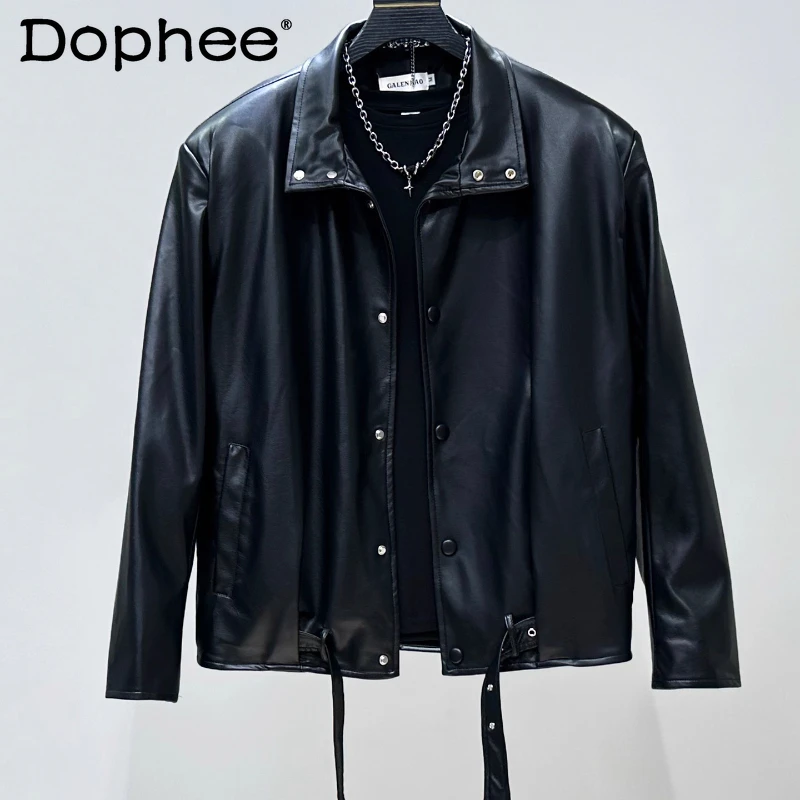 

Men's 2025 Autumn New PU Leather Jacket Men's Loose Simple Solid Color Faux Leather Coats Shoulder Pads Long Sleeve Chic Jackets