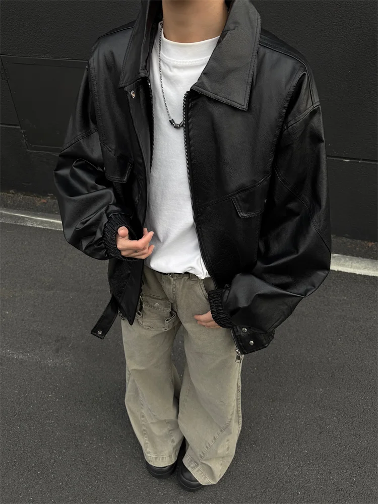 

Повседневная кожаная куртка для мужчин в американском стиле, свободного кроя, молодежная, в стиле рабочей одежды, с воротником-стойкой, для отдыха, байкерская, весенняя коллекция