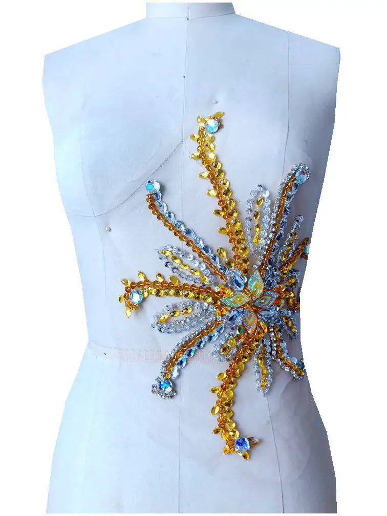

5 Color Evening Dress Stage Costumes Fabric Ray-Design Beaded Sequins Rhinestone Tulle Applique Hand Stitched Embellishments