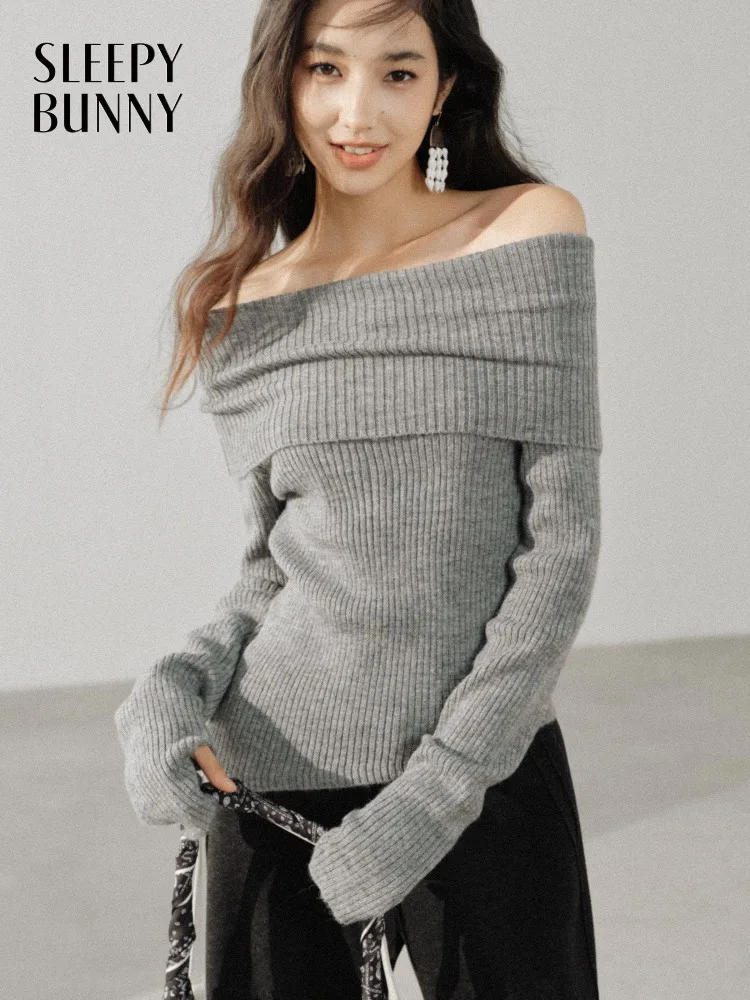 

Women Slim Fit Knit Pullover Off Shoulder Sweater Elegant Tops French Style Soft Ribbed for Lady Sweet Autumn Winter Outfit