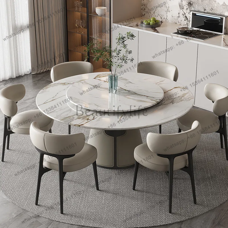 Luxury Fish Belly White Marble Round Dining Table with Lazy Susan 36mm Thick Italian Style Dining Table High-End Home Furniture