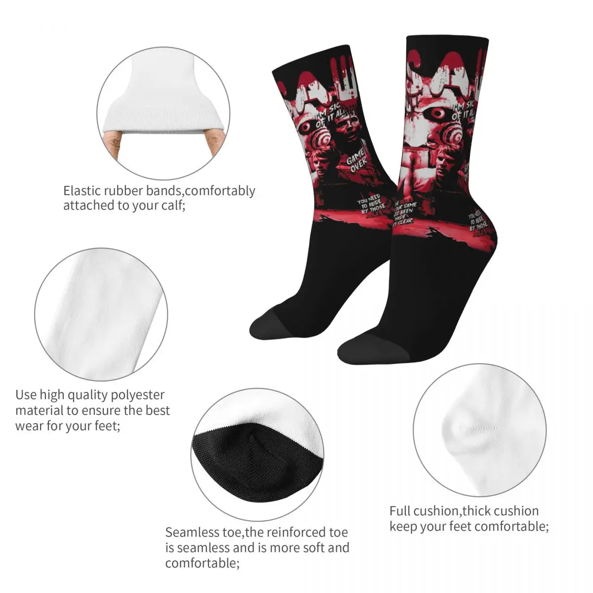 New Male Men Socks Harajuku Retro Jigsaw Horror Movie Sock Polyester SAW Head Torture Skateboard Women's Socks Spring Summer