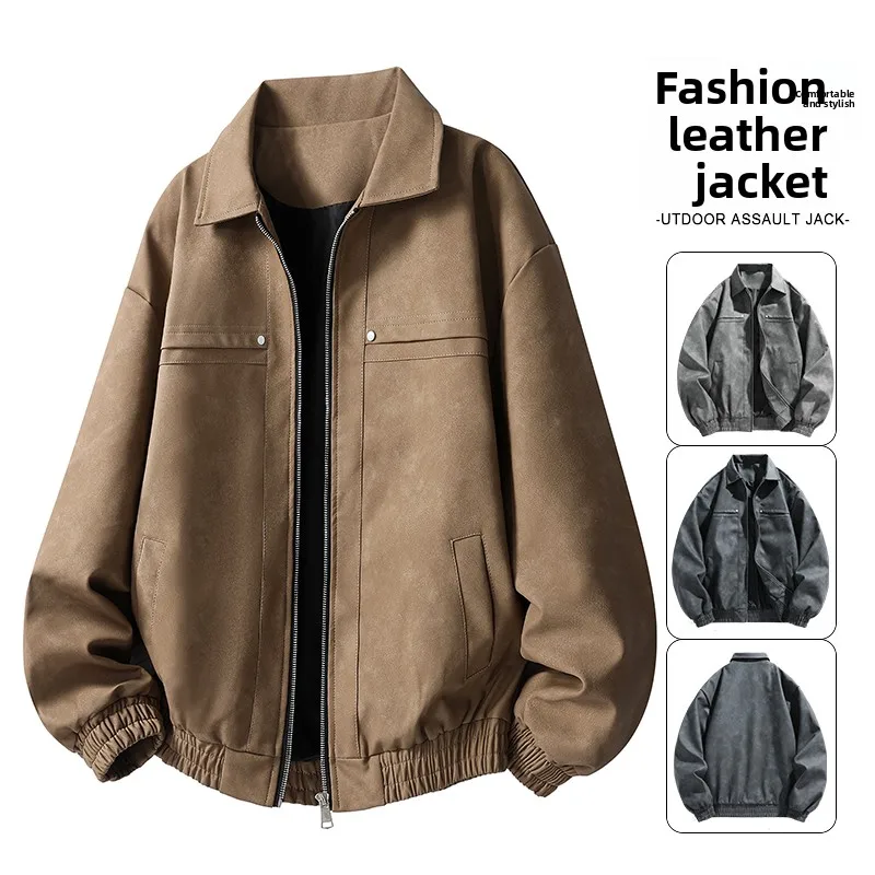 Fashionable Casual Men's Leather Jacket for Autumn and Winter New Youth Flight Suit Jacket Durable Zipper Long Sleeved Jacket