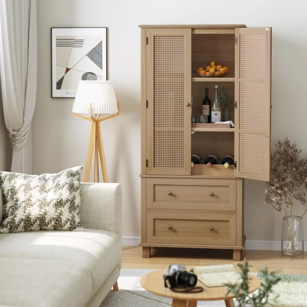 Armoire de rangement pour garde-manger de cuisine, armoire de rangement haute avec portes en rotin et 2 portes de proximité, armoire de garde-manger avec étagère réglable