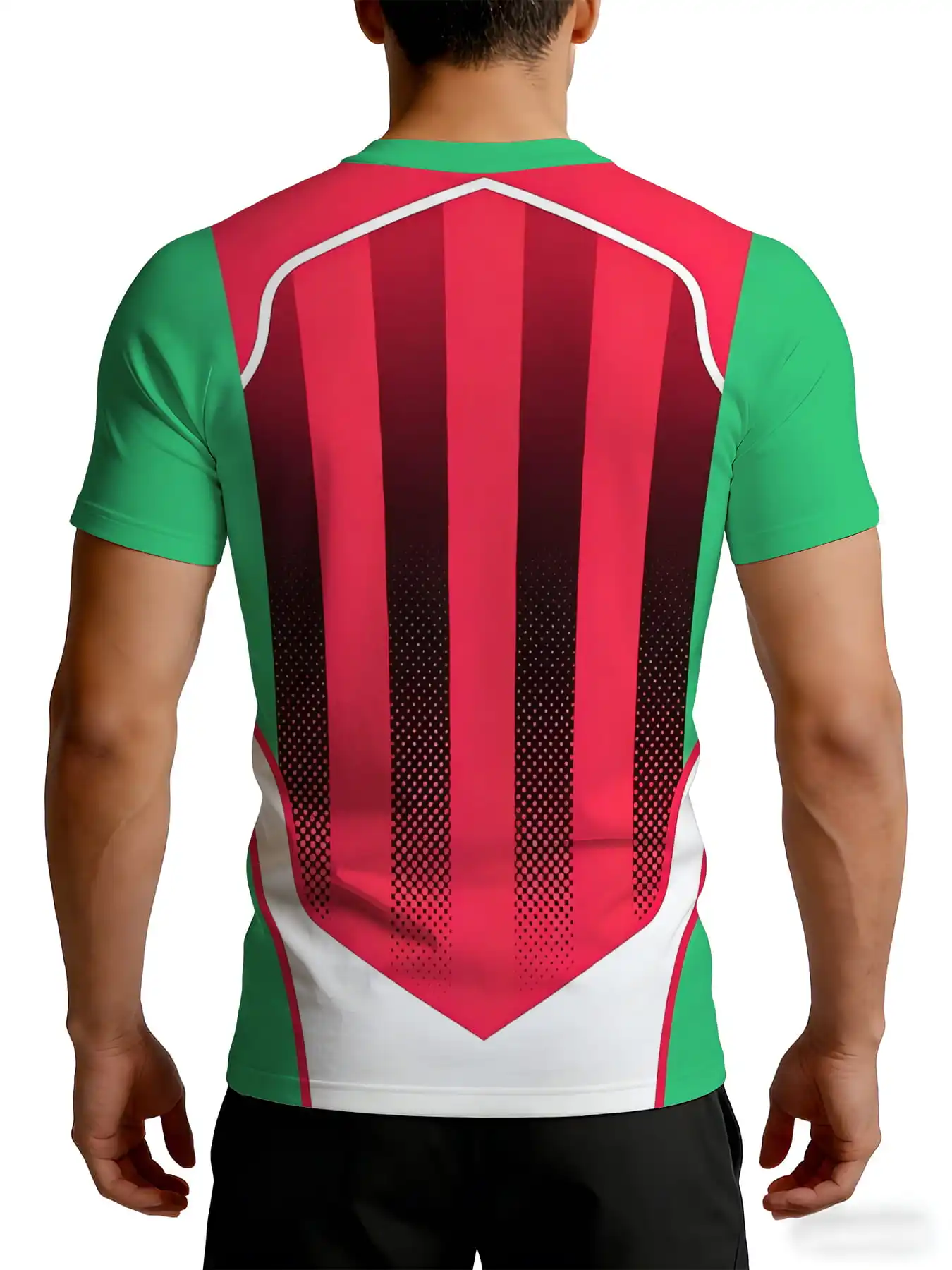 Men Quick Dry Compression Tee, Short Sleeve Crew Neck, Green Red Vertical Stripe Splicing Print