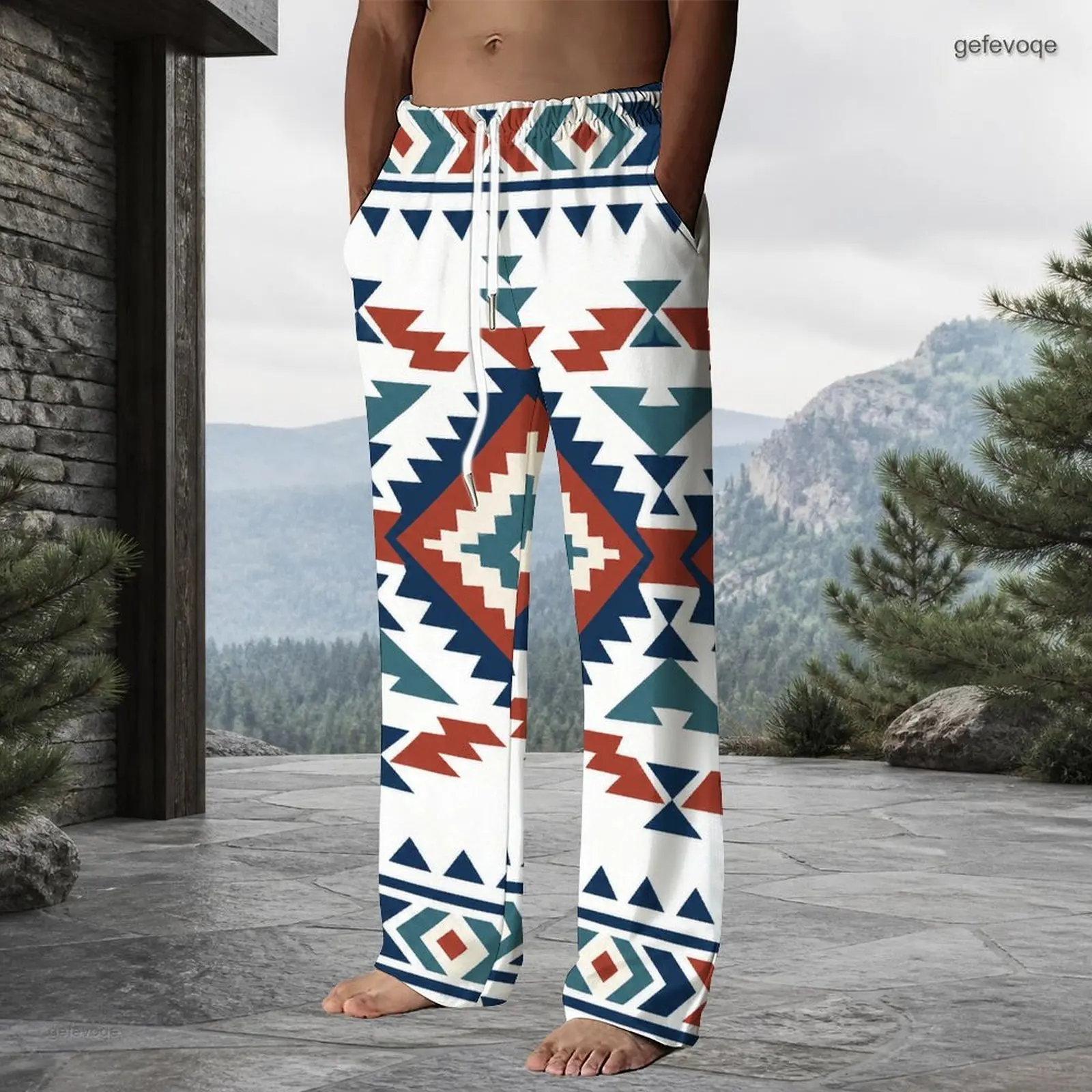 Men Black White Floral Paisley Swirl Printed Drawstring Waist Full Length Straight Long Pants
