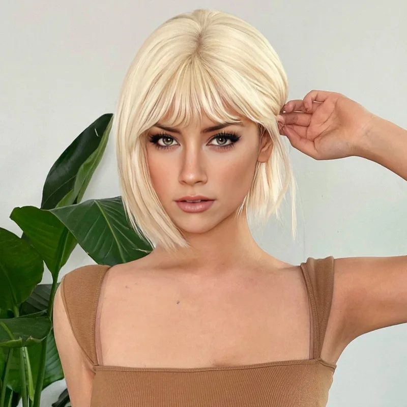 Hair Extensions Synthetic Fashion White Young Women Blonde Wigs Natural Breathable Head Cover Ladies Short Bobo Straight Wig Hat