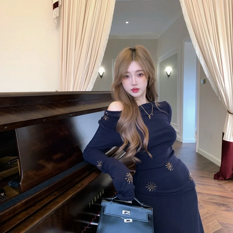 

Design Sensation Small ence f Комплект юбки Long Sve Sparkling Diamond Collar Осень Зима Новый Sle Ele Women Fas...