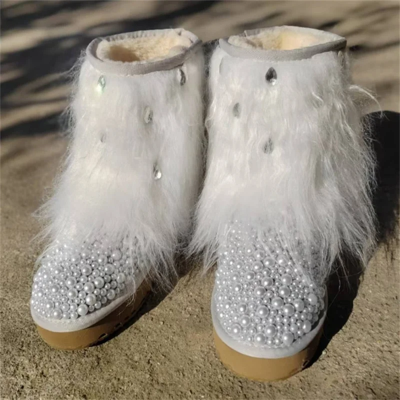 

Beach wool rhinestone accessories Fur one banquet wedding large size snow boots handmade custom women's cotton shoes 35-44