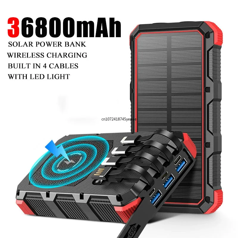 Solar Power Bank 36800mAh with Cable Wireless Charger 3A Fast Charging Portable Powerbank for iPhone 17 Xiaomi Samsung Poverbank view 4