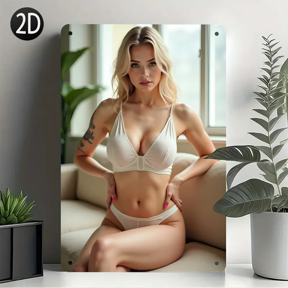 Vintage Tattoo Blonde Woman White Lingerie Sofa Window Metal Tin Sign Wall Decor For Bedroom Bar Club