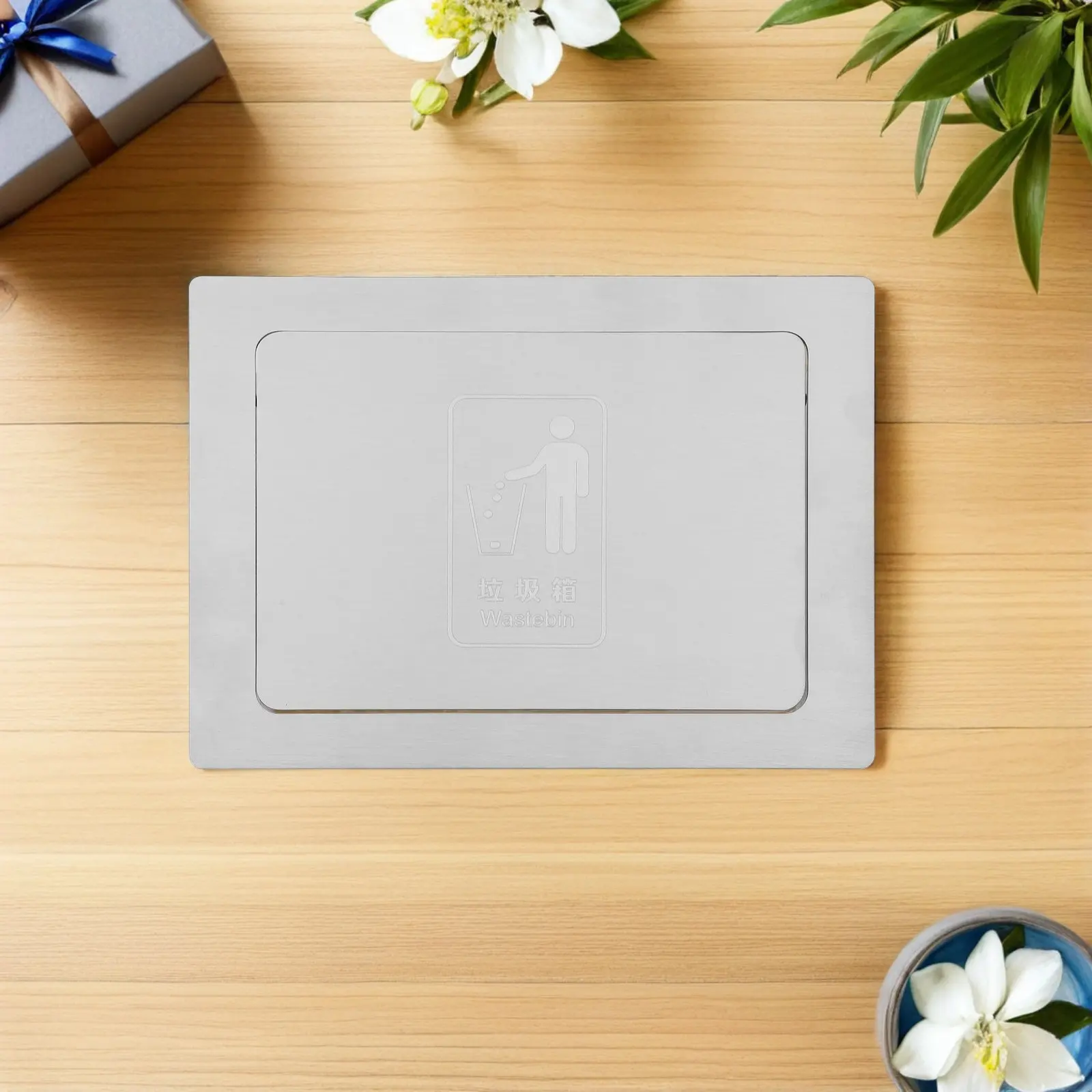 Recessed Trash Can Lid Stainless Steel Rectangular Countertop Embedded Waste Cover Push for Busy Bubble Tea Shops Kitchen