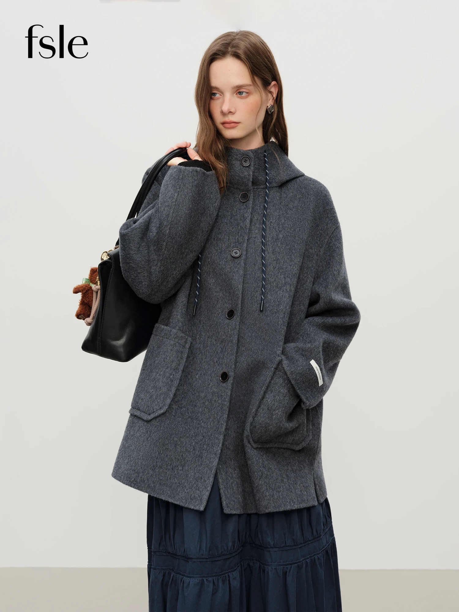

FSLE College Style Age-reducing Hooded Double-faced Wool Coat for Women Mid-length Wool Coat Pockets Gray Girlish