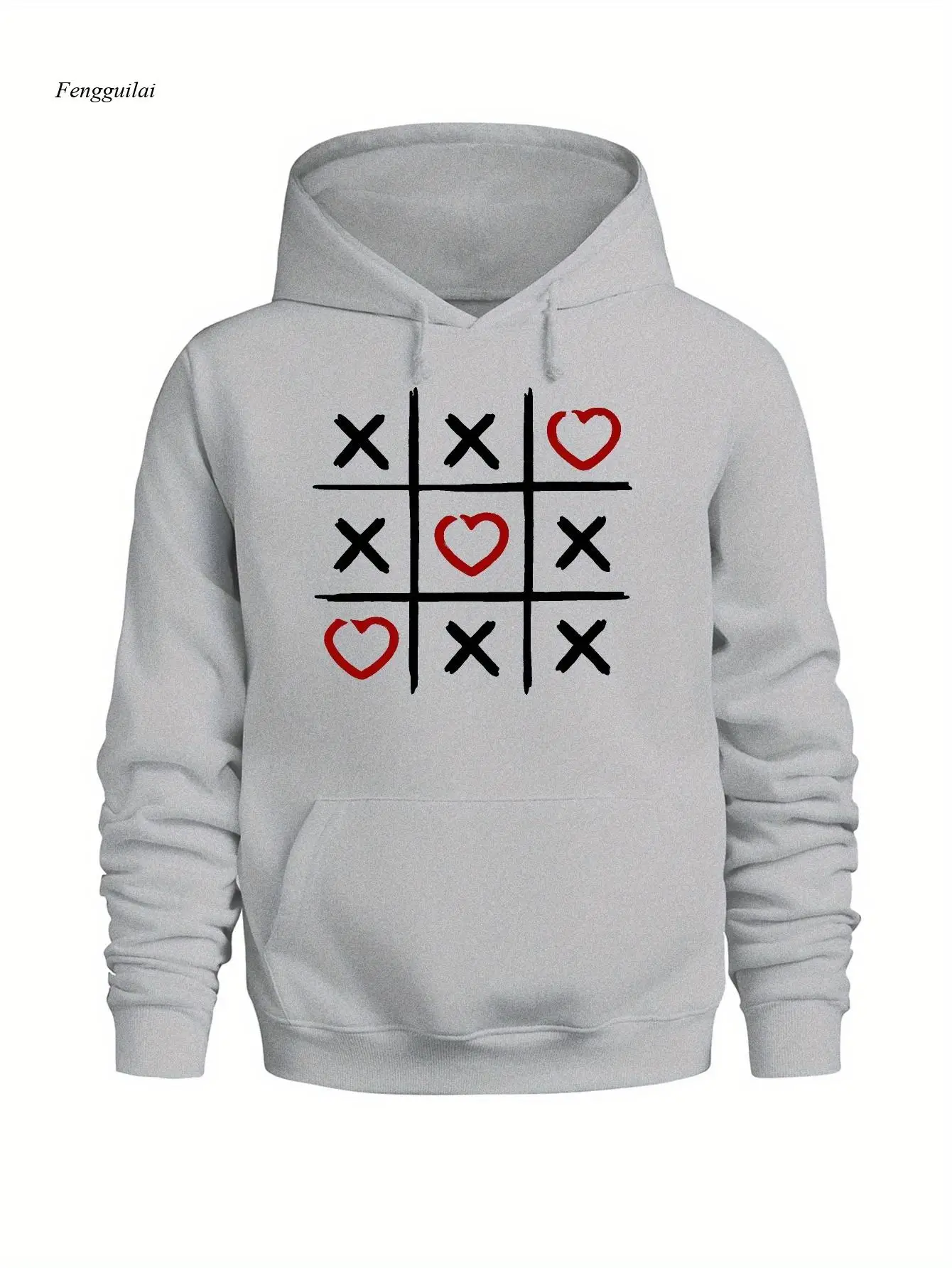 Tic Tac Toe Print Hooded Long Sleeved Sweatshirt, Casual And Versatile, Skin Friendly And Comfortable, Suitable For Winter