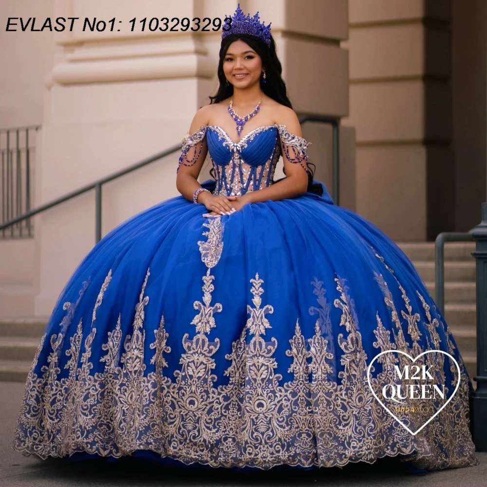 

EVLAST Customized 2026 Royal Blue Ball Gown Quinceanera Dress Gold Applique Crystal Beaded Sweet 16 Vestidos De 15 Anos E1QN358