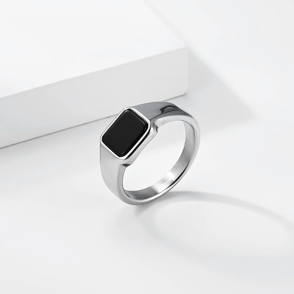 Luxuriöser geometrischer Ring mit schwarzem Edelstein im minimalistischen Stil aus Titanstahl für Damen, trendiger Schmuck, Weihnachtsgeschenk – Detail 6